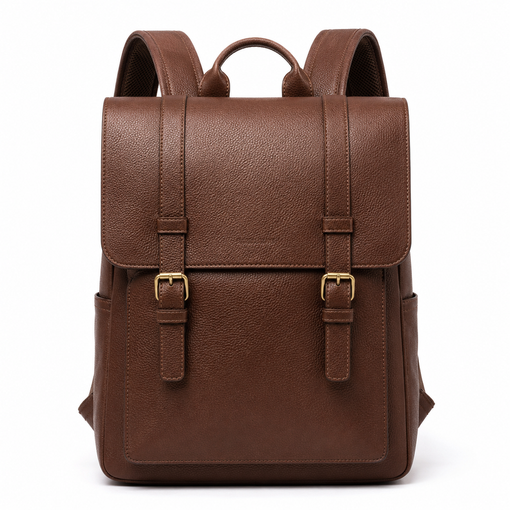 Zaino Falivelli in pelle marrone con chiusura a fibbie visto frontalmente.