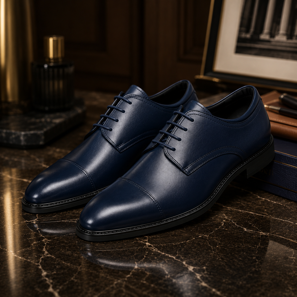 Scarpe Uomo Classiche Oxford Blu Navy con Punta Cap Toe
