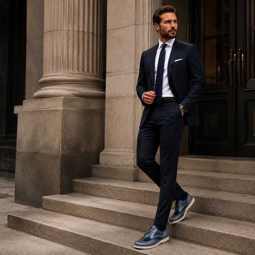 Scarpe Uomo Casual Business Blu e Grigio con Suola Comfort Bianca