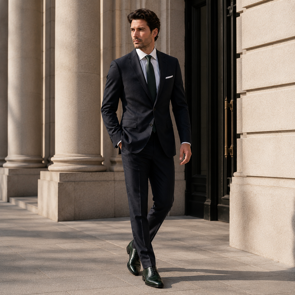 Scarpe Eleganti Uomo Derby Verde Scuro Lucido
