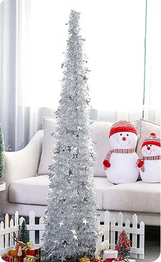 Albero di Natale artificiale pieghevole con paillettes e base