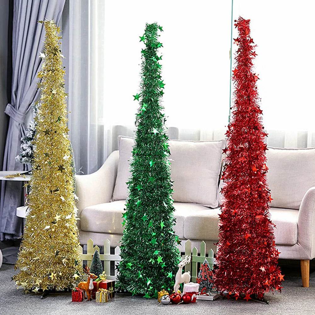 Albero di Natale artificiale pieghevole con paillettes e base