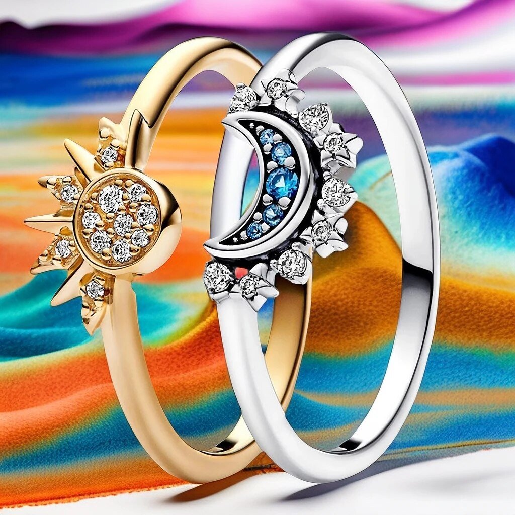 Anello HELIARA in argento sterling con cristalli e motivo sole e luna