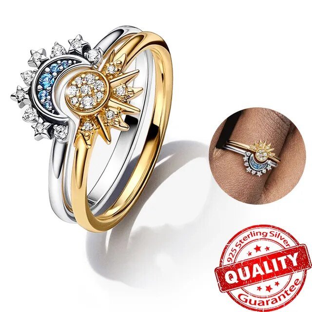 Anello HELIARA in argento sterling con cristalli e motivo sole e luna