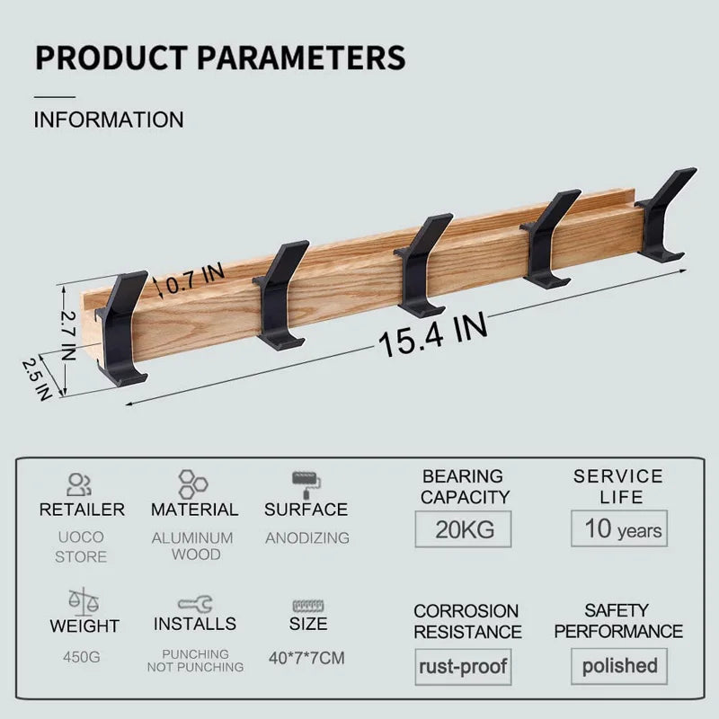Appendiabiti da parete con ganci doppi regolabili – Linea nordica nera – Legno e alluminio – 40×7×7 cm