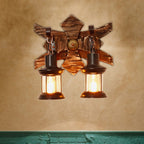 Applique da parete vintage a 2 luci stile lanterna con vetro trasparente e base in legno