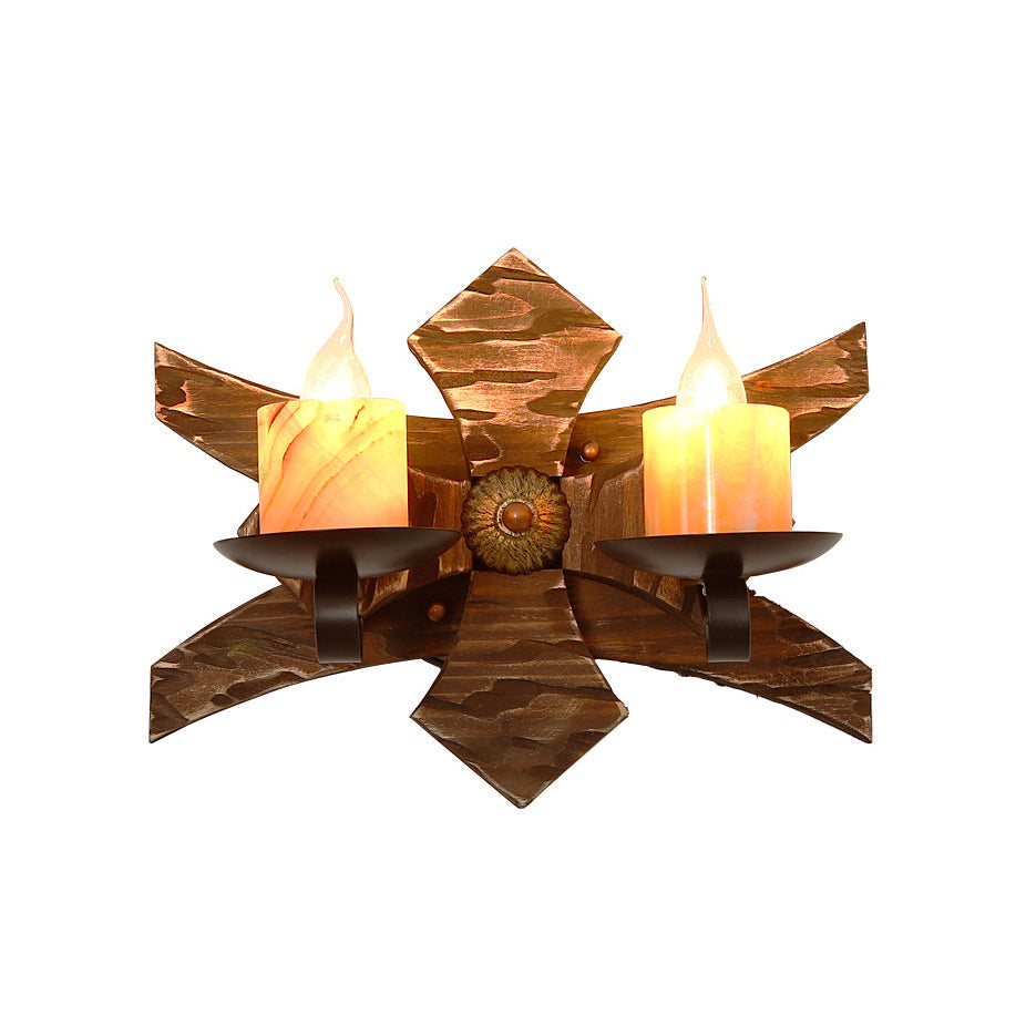 Applique da parete vintage a 2 luci stile lanterna con vetro trasparente e base in legno