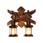 Applique da parete vintage a 2 luci stile lanterna con vetro trasparente e base in legno
