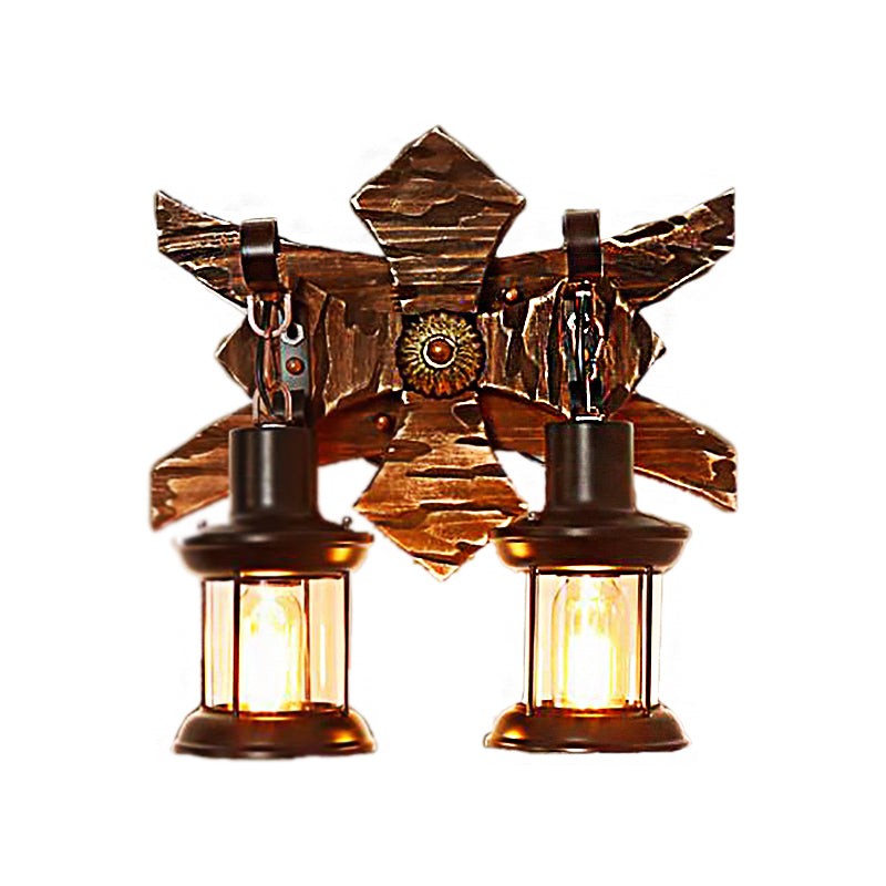 Applique da parete vintage a 2 luci stile lanterna con vetro trasparente e base in legno