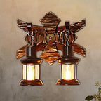 Applique da parete vintage a 2 luci stile lanterna con vetro trasparente e base in legno
