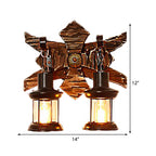 Applique da parete vintage a 2 luci stile lanterna con vetro trasparente e base in legno