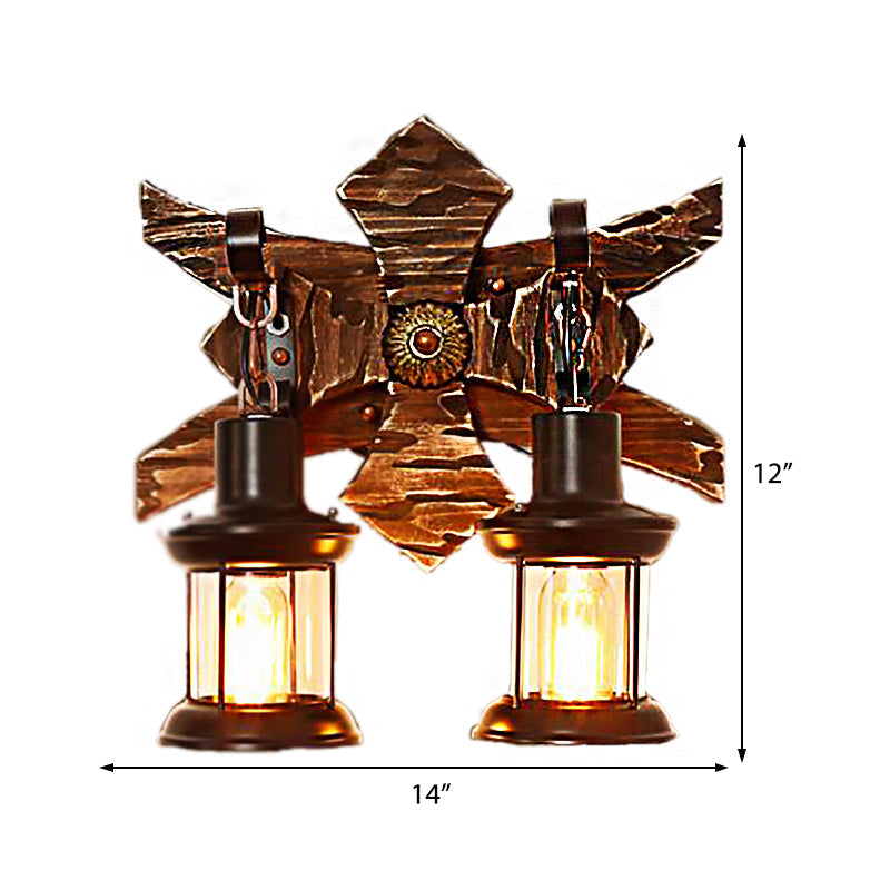 Applique da parete vintage a 2 luci stile lanterna con vetro trasparente e base in legno