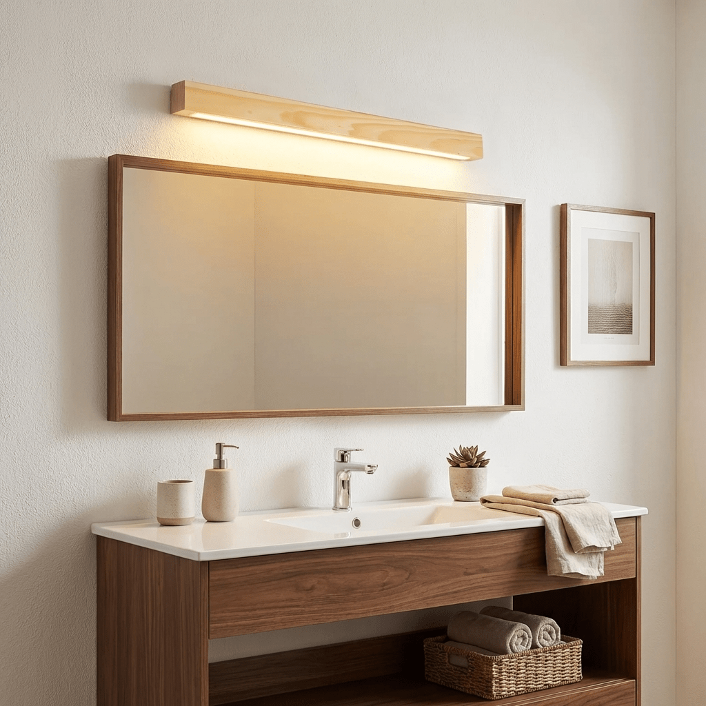 Applique lineare in legno con luce sottile