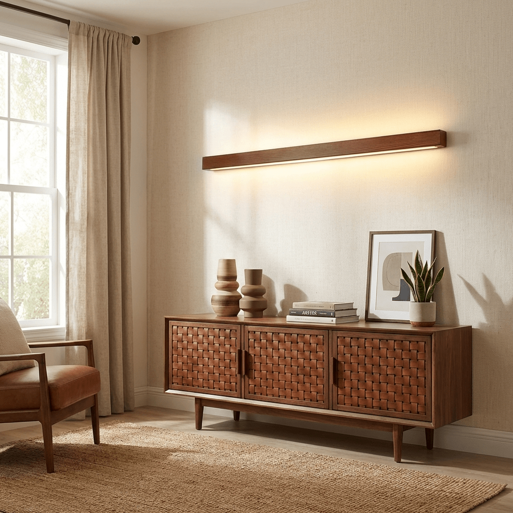 Applique lineare in legno con luce sottile