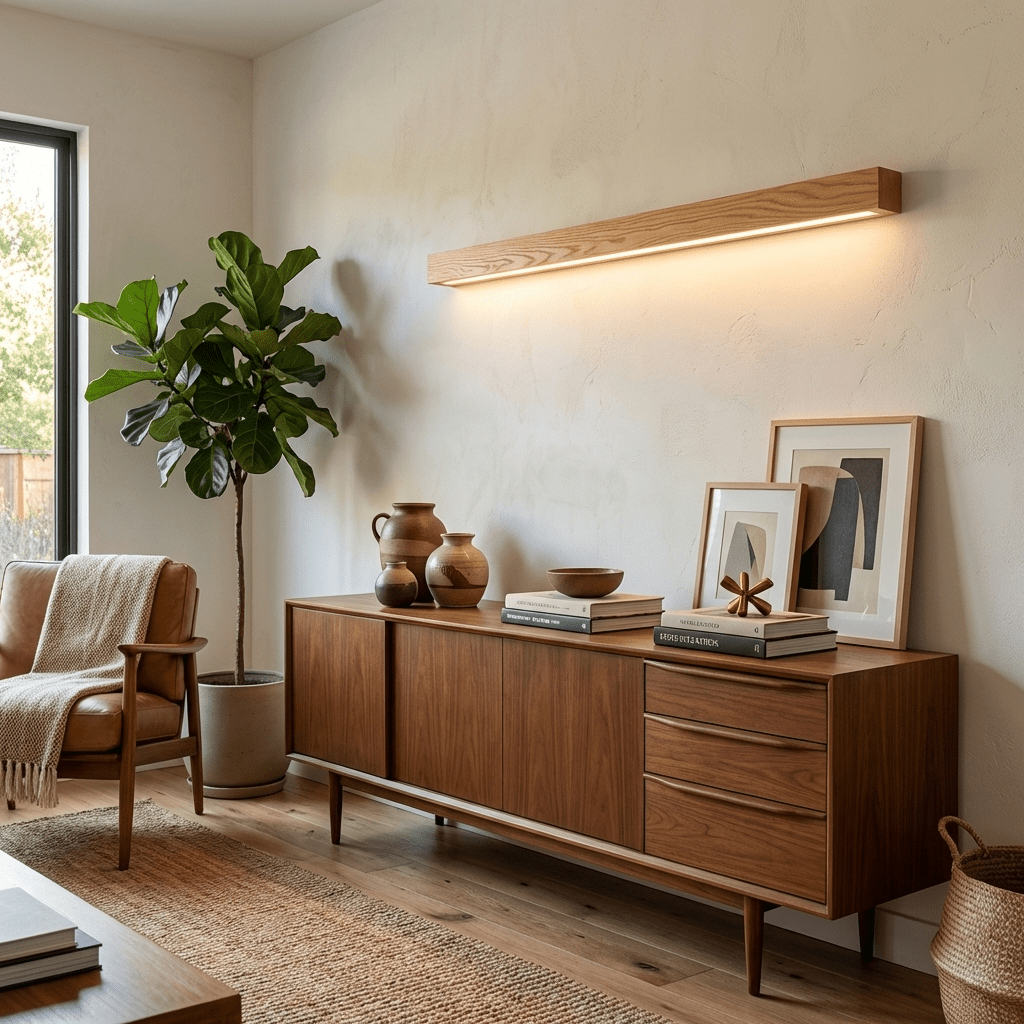 Applique lineare in legno con luce sottile