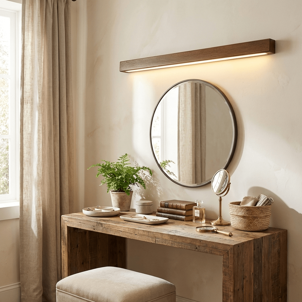 Applique lineare in legno con luce sottile
