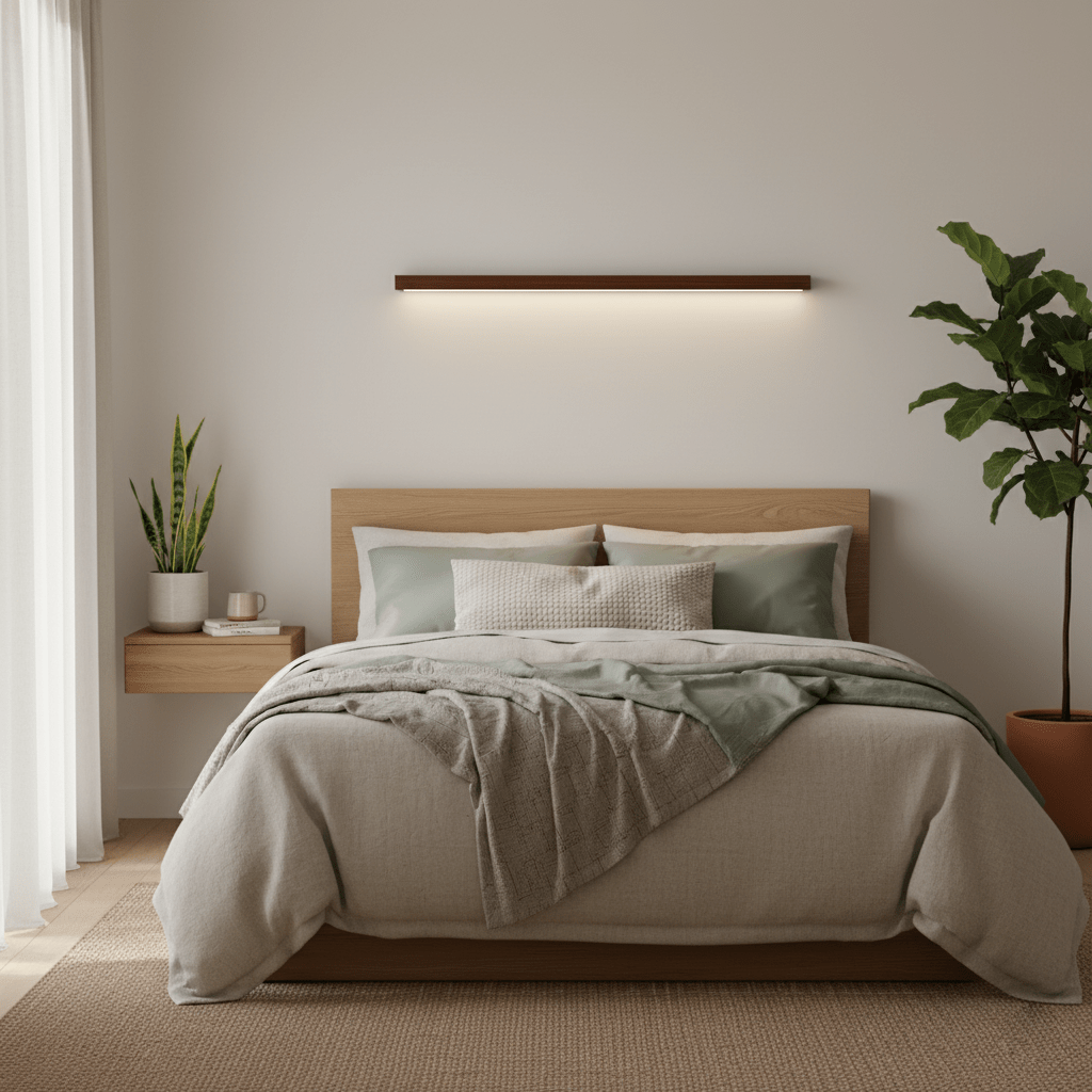 Applique lineare in legno con luce sottile