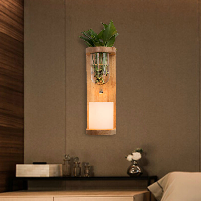 Applique da parete cilindrica in legno e vetro opalino stile industriale LED