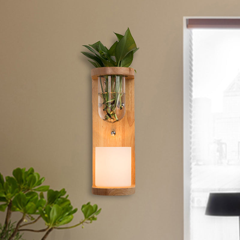 Applique da parete cilindrica in legno e vetro opalino stile industriale LED
