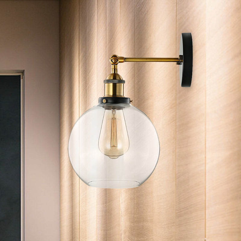 Applique da parete in vetro soffiato trasparente stile industriale con finitura ottone