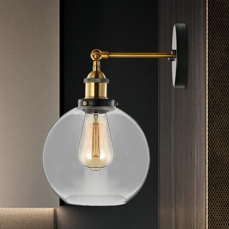 Applique da parete in vetro soffiato trasparente stile industriale con finitura ottone