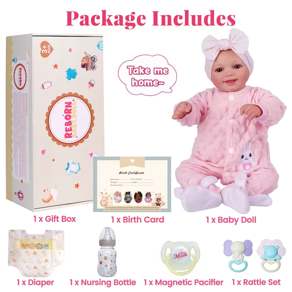 Bambola reborn da 43 cm – realistica in vinile morbido, posizionabile, neonato sorridente con accessori