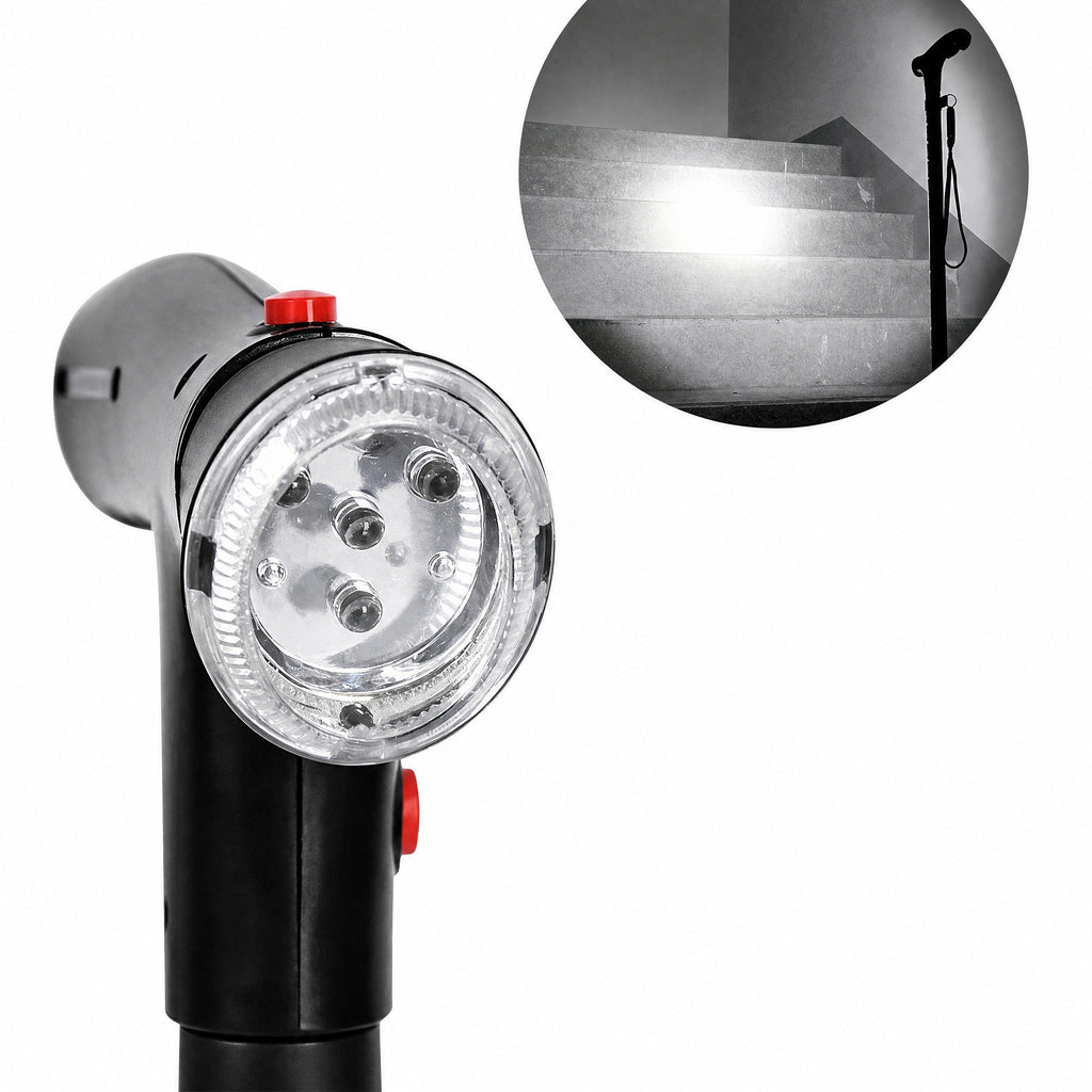 Bastone da passeggio pieghevole con doppia impugnatura, base a quattro punti, luce LED e allarme