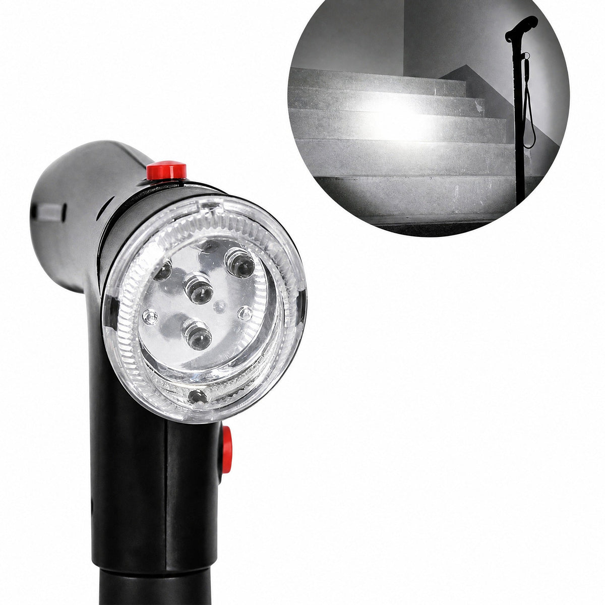 Bastone da passeggio pieghevole con doppia impugnatura, base a quattro punti, luce LED e allarme