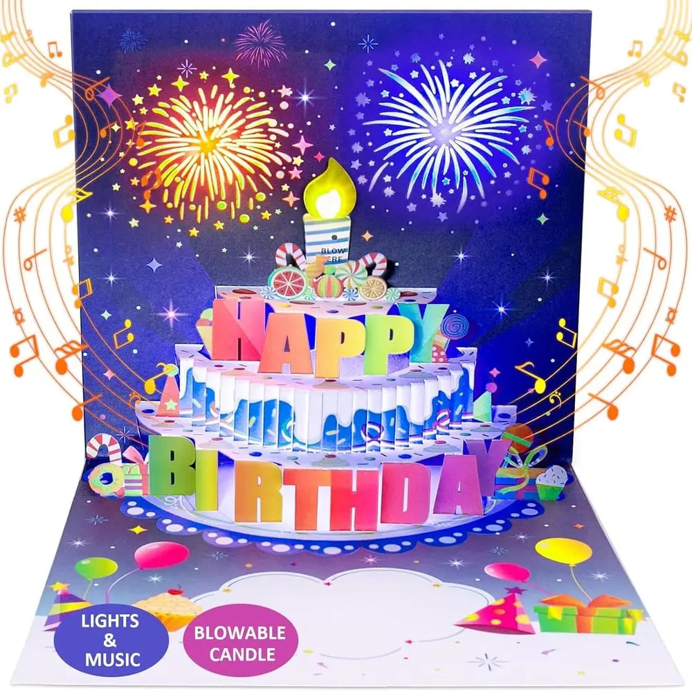 Biglietto d'auguri musicale con torta 3D luminosa
