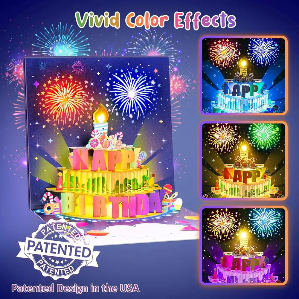 Biglietto d'auguri musicale con torta 3D luminosa