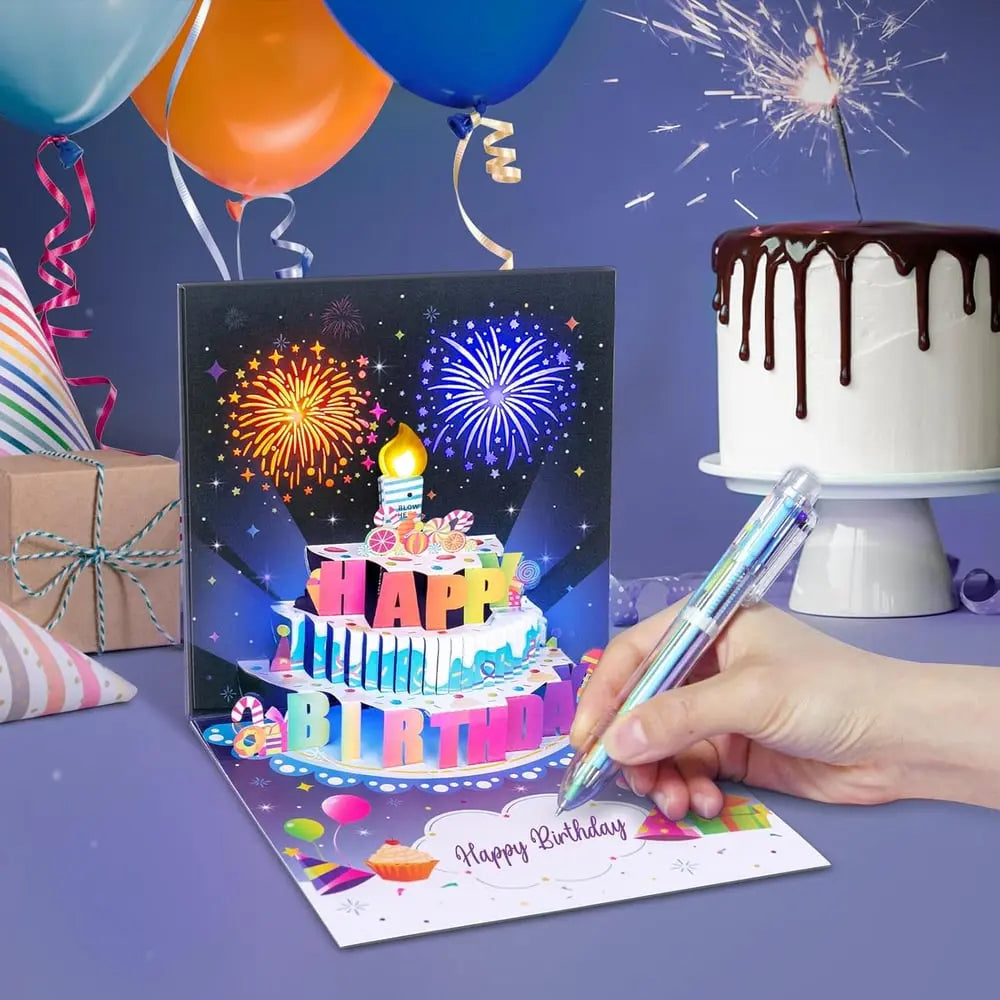 Biglietto d'auguri musicale con torta 3D luminosa
