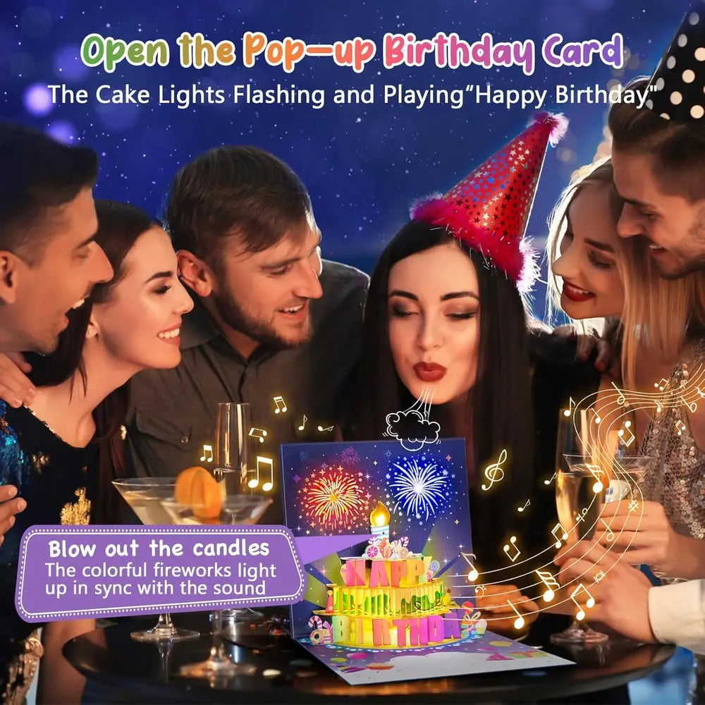 Biglietto d'auguri musicale con torta 3D luminosa