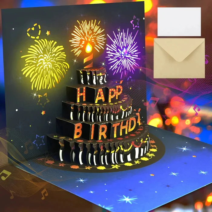 Biglietto di auguri pop-up con torta 3D, luci LED e musica