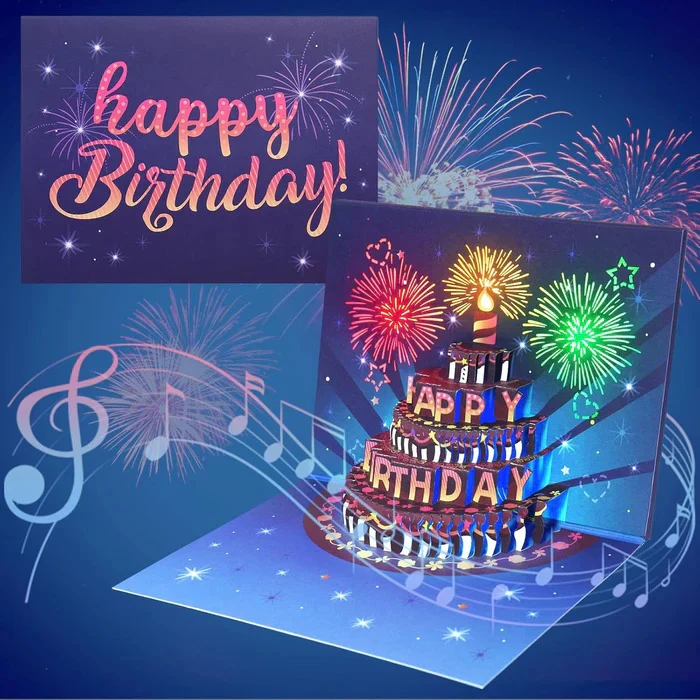 Biglietto di auguri pop-up con torta 3D, luci LED e musica
