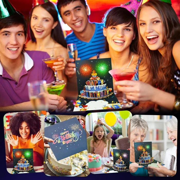 Biglietto di auguri pop-up con torta 3D, luci LED e musica