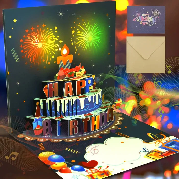 Biglietto di auguri pop-up con torta 3D, luci LED e musica