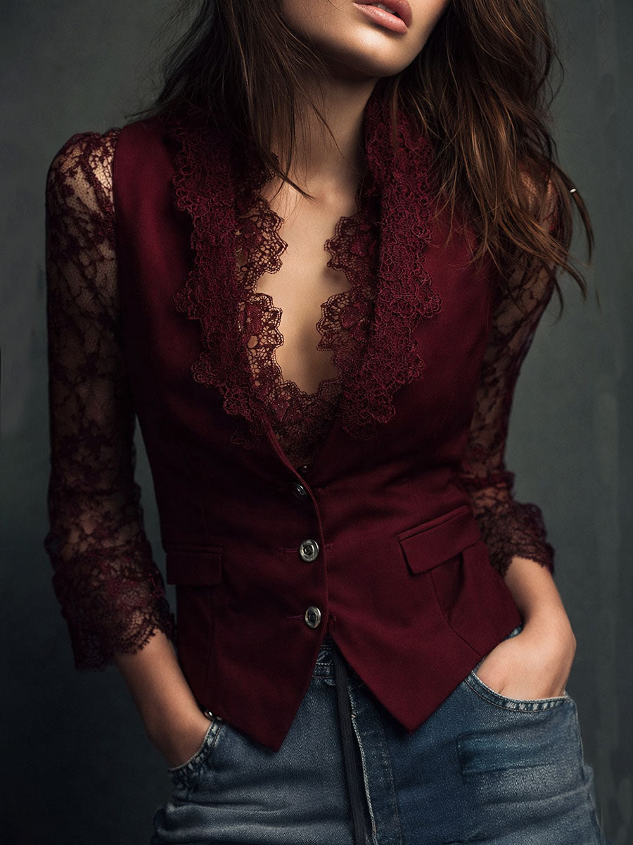 Blusa blazer donna con dettagli in pizzo - Top elegante da sera