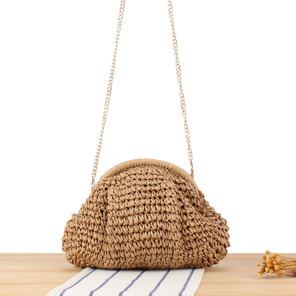 Borsa a spalla in fibre naturali intrecciate a mano con catena decorativa