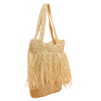 Borsa tote in paglia intrecciata a mano con frange