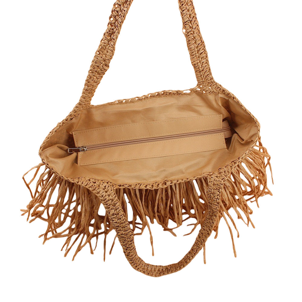 Borsa tote in paglia intrecciata a mano con frange