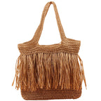 Borsa tote in paglia intrecciata a mano con frange