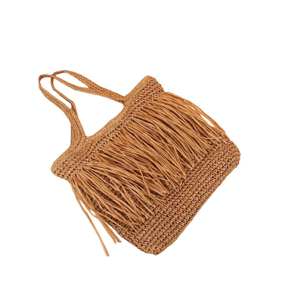 Borsa tote in paglia intrecciata a mano con frange