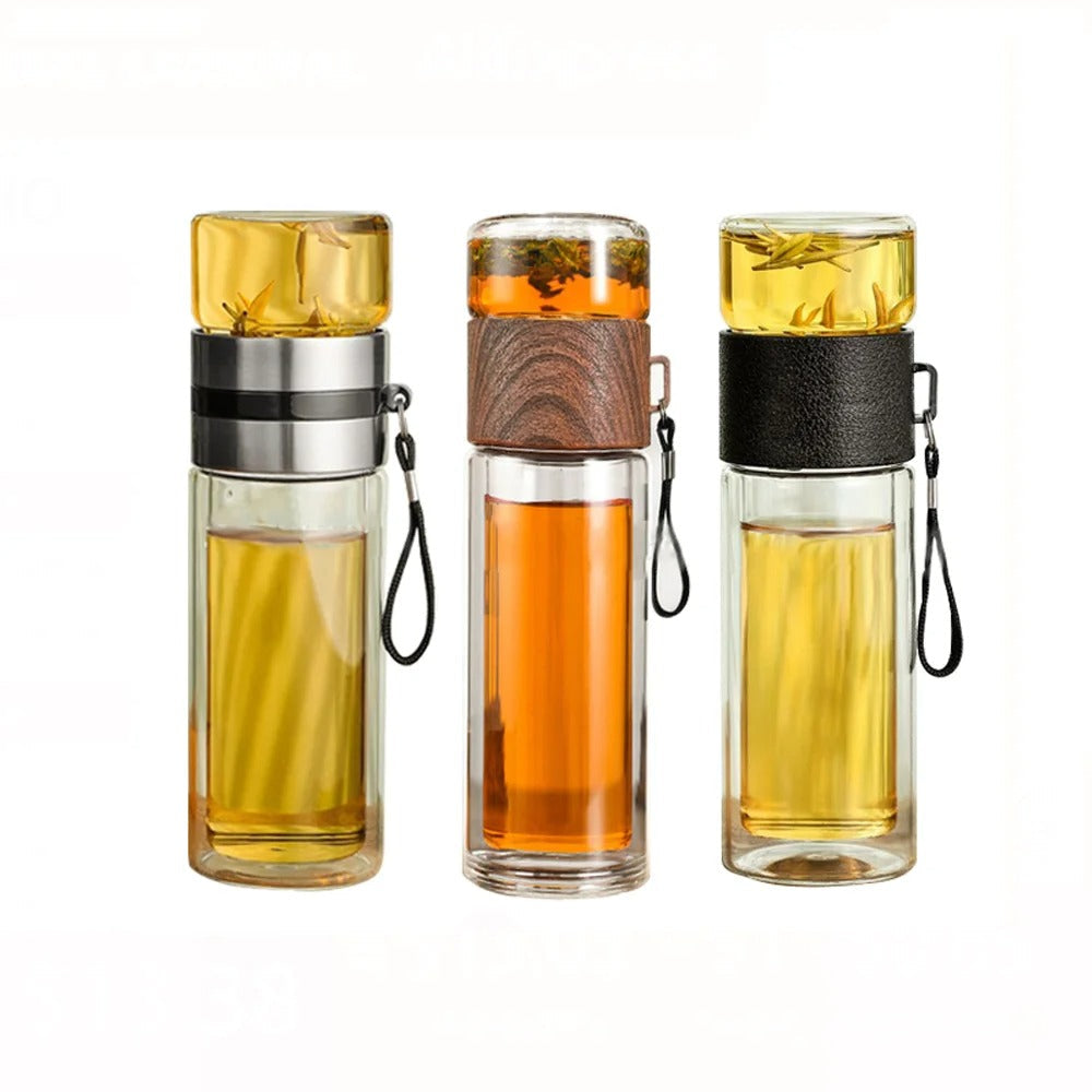 Bottiglia termica con infusore per tè – Vetro e legno – Doppia parete – 500 ml – ClearTherm