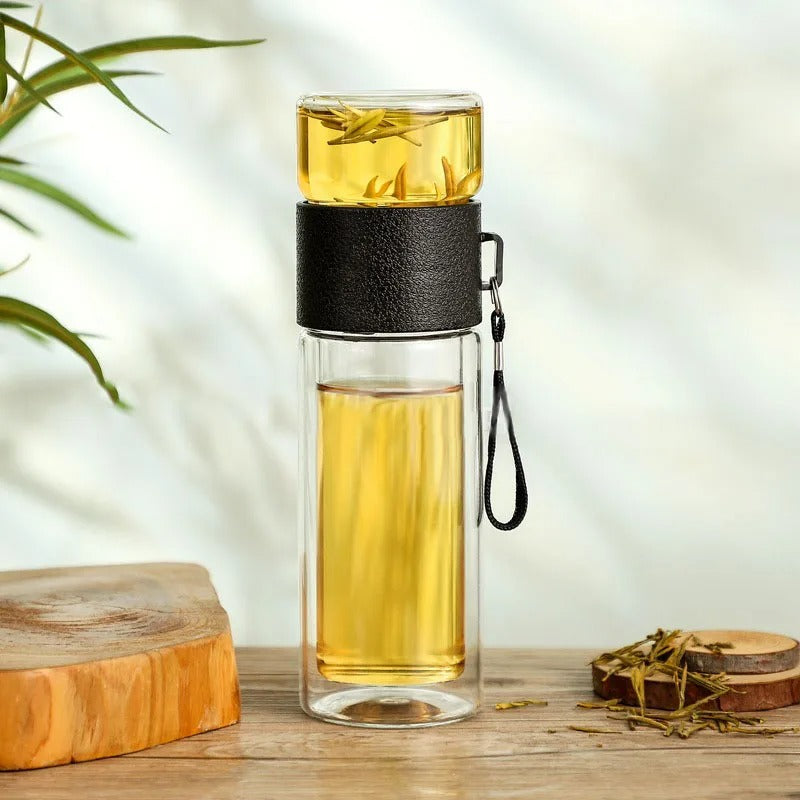 Bottiglia termica con infusore per tè – Vetro e legno – Doppia parete – 500 ml – ClearTherm
