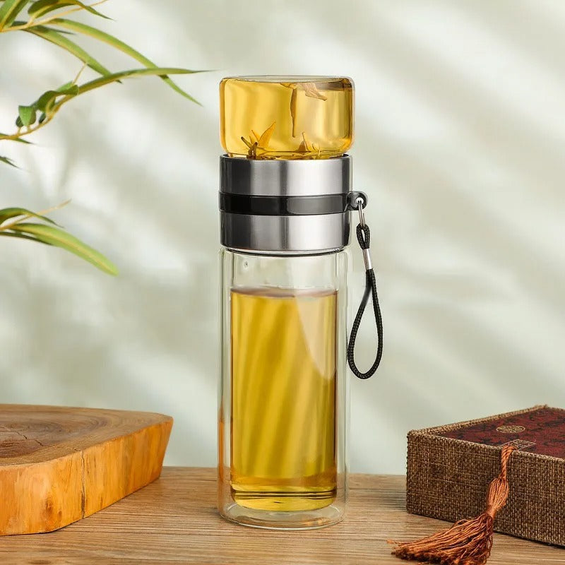 Bottiglia termica con infusore per tè – Vetro e legno – Doppia parete – 500 ml – ClearTherm