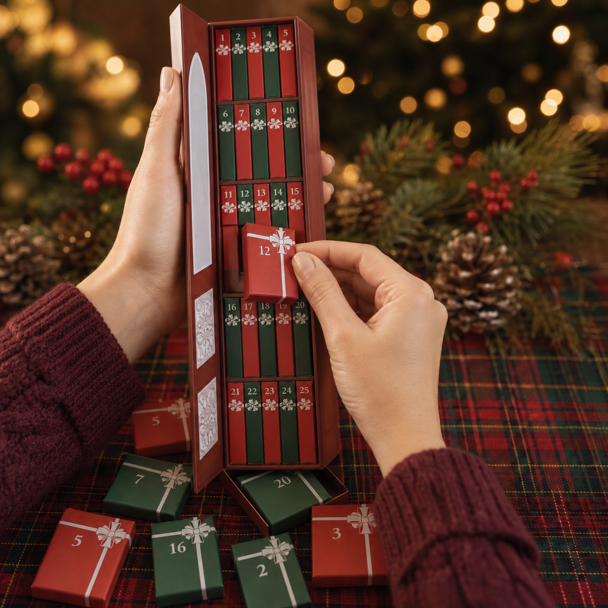 Calendario dell'Avvento natalizio con miniature di libri Storybook