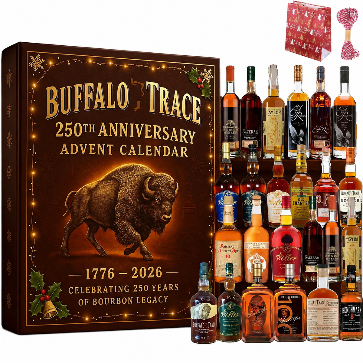 Calendario dell'avvento whisky bourbon con ornamenti conto alla rovescia