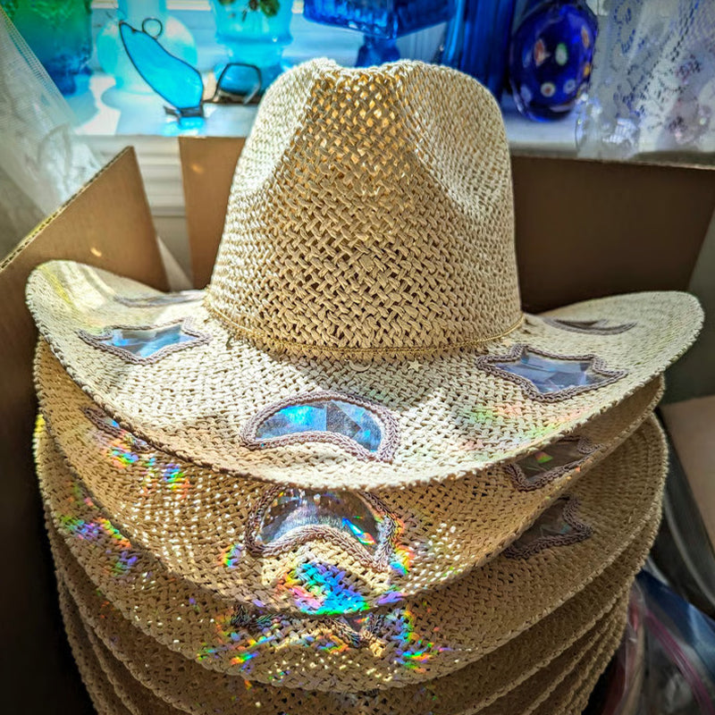 Cappello cowgirl in paglia con prismi arcobaleno