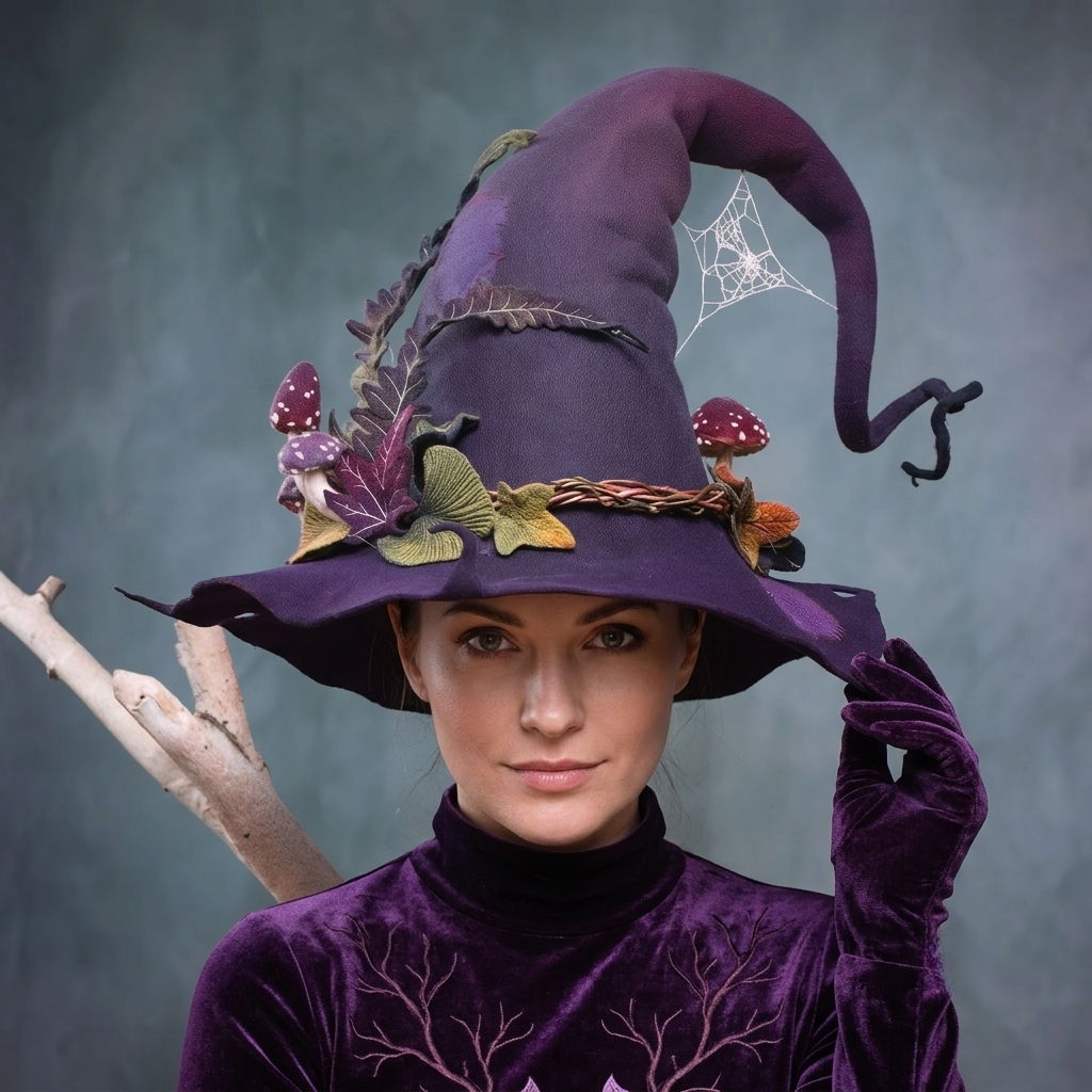 Cappello da strega in feltro di lana merino fatto a mano — costume di Halloween regolabile per adulti