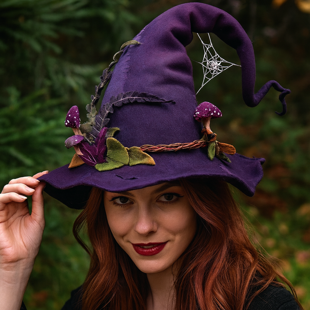 Cappello da strega in feltro di lana merino fatto a mano — costume di Halloween regolabile per adulti